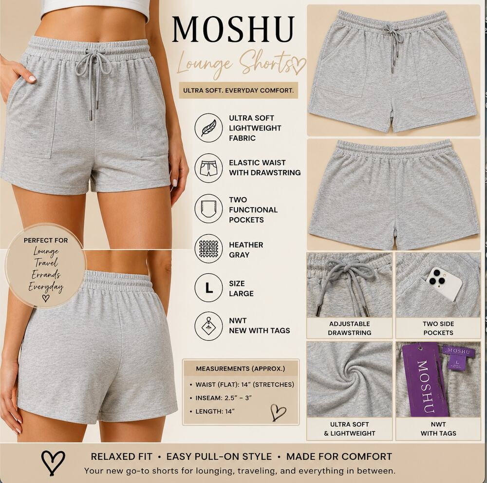 Moshu Heather Gray Lounge Shorts Drawstring Pockets NWT Size L